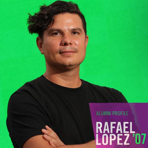 Rafael Lopez, UCR alumnus and founding member of UCR’s Hip Hop Congress chapter, stands with arms crossed in front of a green screen.