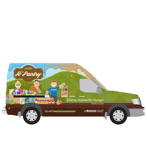 The R'Pantry van, wrapped with an illustrated graphic, represents the on-campus food pantry and how it helps students who are experiencing food insecurity.