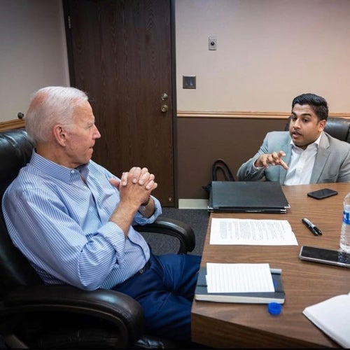 White House assistant press secretary and UCR alumnus, Vedant Patel, meets with President Biden.