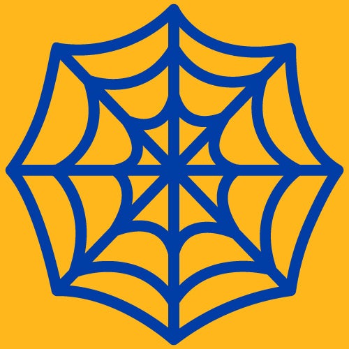 Stylized illustration of a blue spider web over a yellow field.