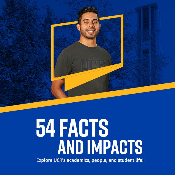 Digital graphic illustration 54 Facts and Impacts which is a way to explore UCR's academics, people, and student life. A male student appears above the title with his bust framed by the UCR gold icon.