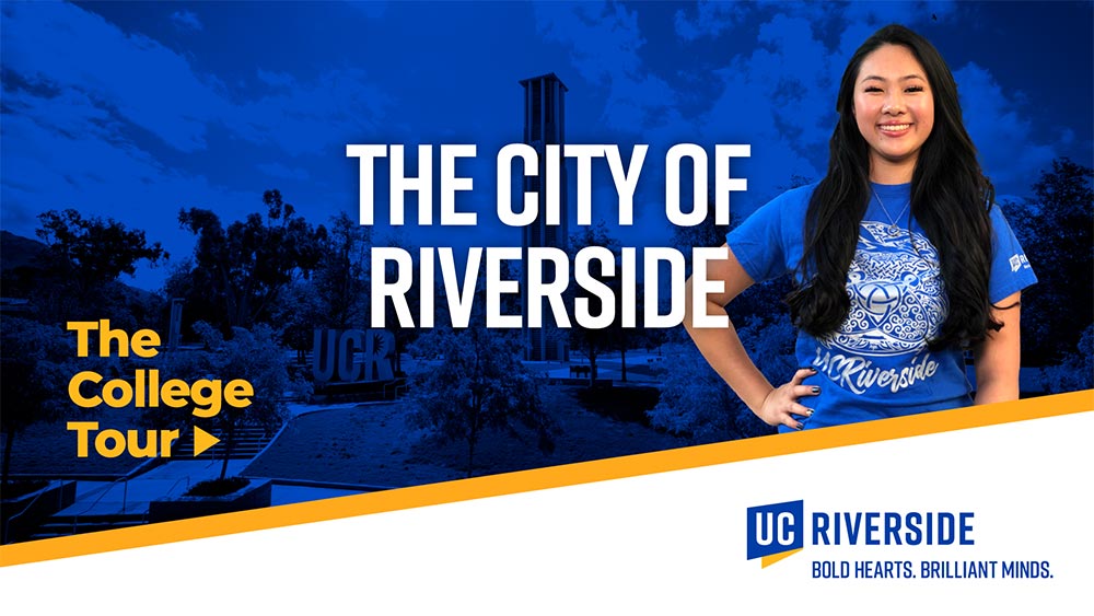 The City of Riverside | The College Tour | Female student smiles and the UCR Bell Tower in the background