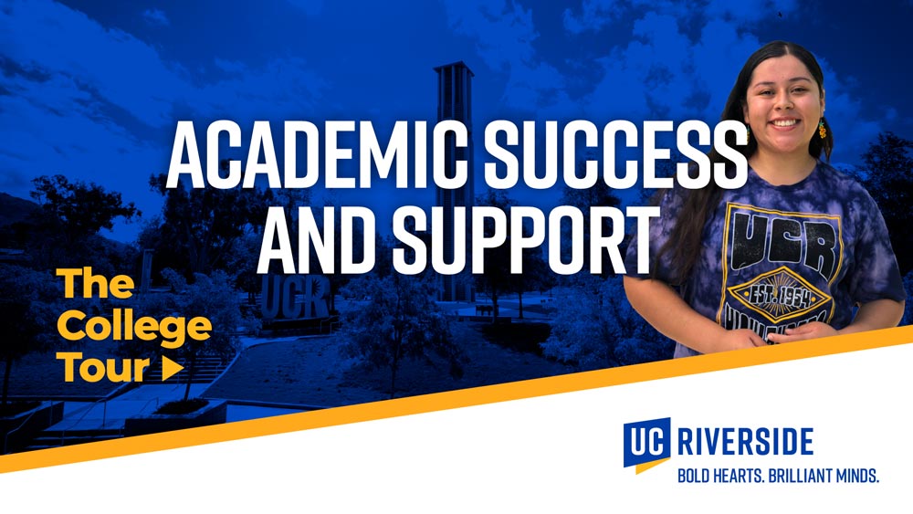 Academic Success and Support | The College Tour | Female student smiles and the UCR Bell Tower in the background