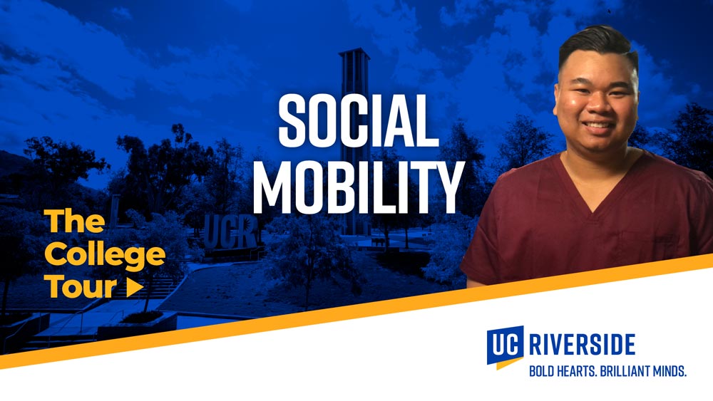 Social Mobility | The College Tour | Male student smiles and the UCR Bell Tower in the background