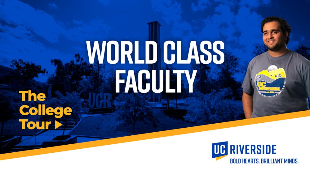 World Class Faculty | The College Tour | Male student smiles and the UCR Bell Tower in the background