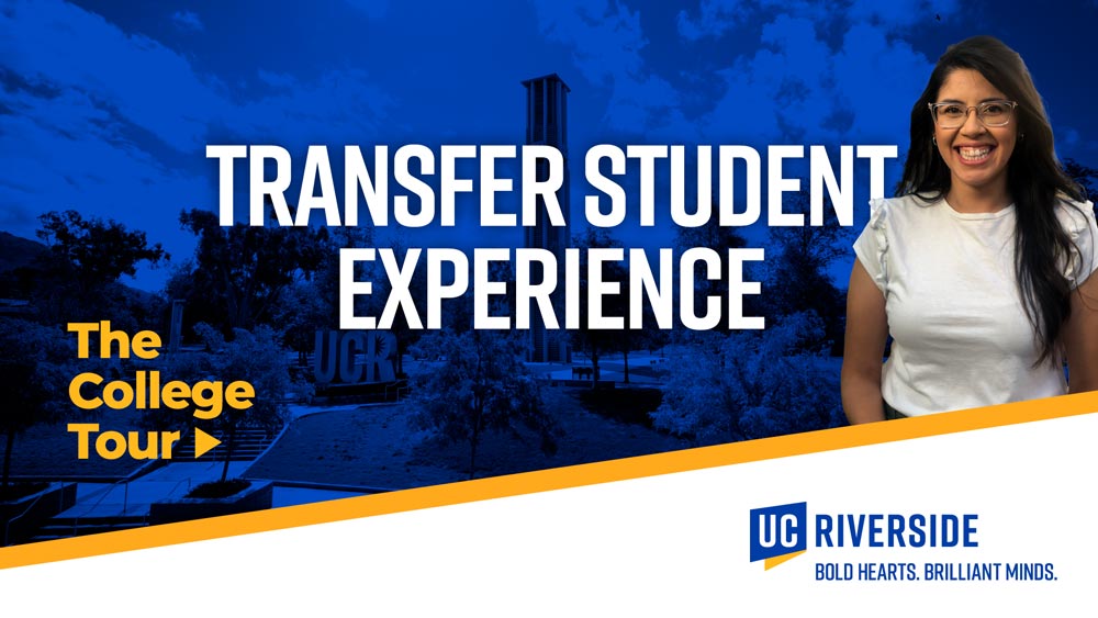 Transfer Student Experience | The College Tour | Female student smiles and the UCR Bell Tower in the background
