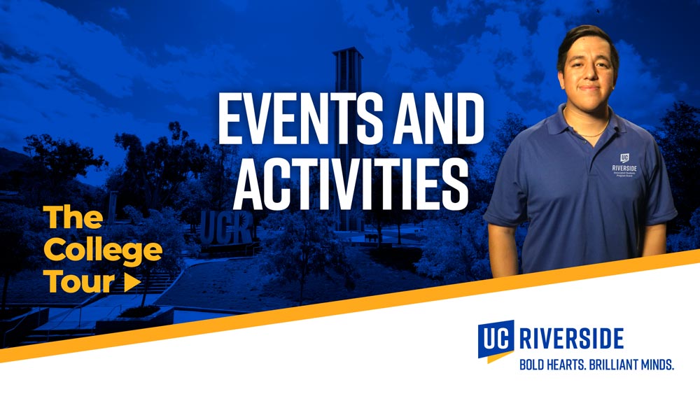 Events and Activities | The College Tour | Male student smiles and the UCR Bell Tower in the background