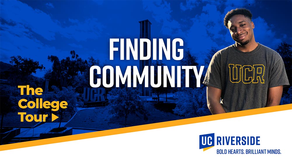 Finding Community | The College Tour | Male student smiles and the UCR Bell Tower in the background