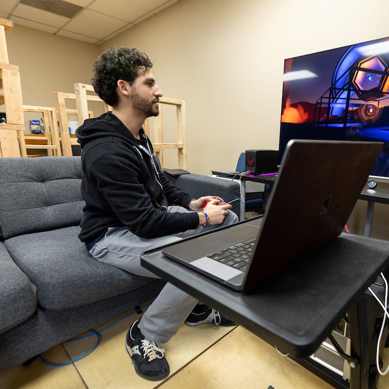 Ethan Castro, co-founder of EDGE Sound Research,  works in his lab on Thursday February 2, 2023, at its offices in Riverside.