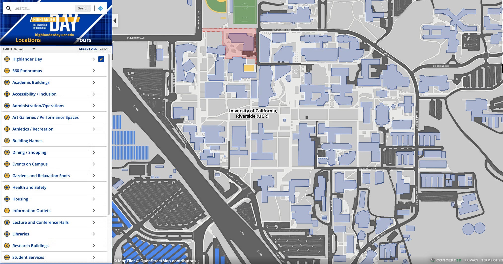 Screenshot of the UC Riverside campus map. The left side has a navigation panel while the right displays various buildings and locations on the UCR Campus.
