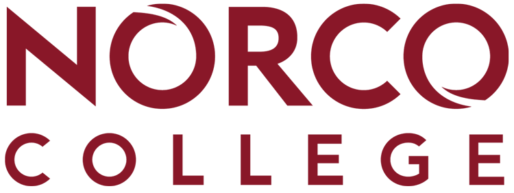 Logo for Norco College featuring the word 'NORCO' in a stylized, bold burgundy font stacked on top of the word 'COLLEGE' in a clean, sans-serif uppercase font. The letter 'O' in 'NORCO' incorporates a distinctive, swooping crescent design.