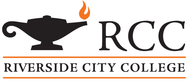 A circular logo for Riverside City College featuring a black outer ring with the school's name in white text along the top and the year 1916 at the bottom. The center contains an orange background with radiating sunburst lines, showcasing a black lamp of knowledge resting on a stack of three books.
