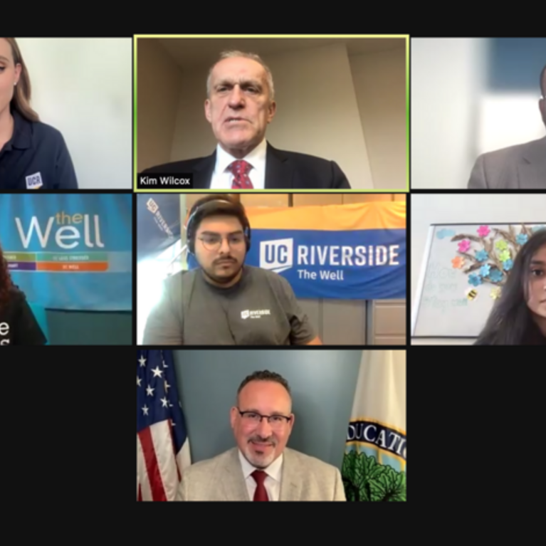 A Zoom call with UCR students talking to the Education Secretary