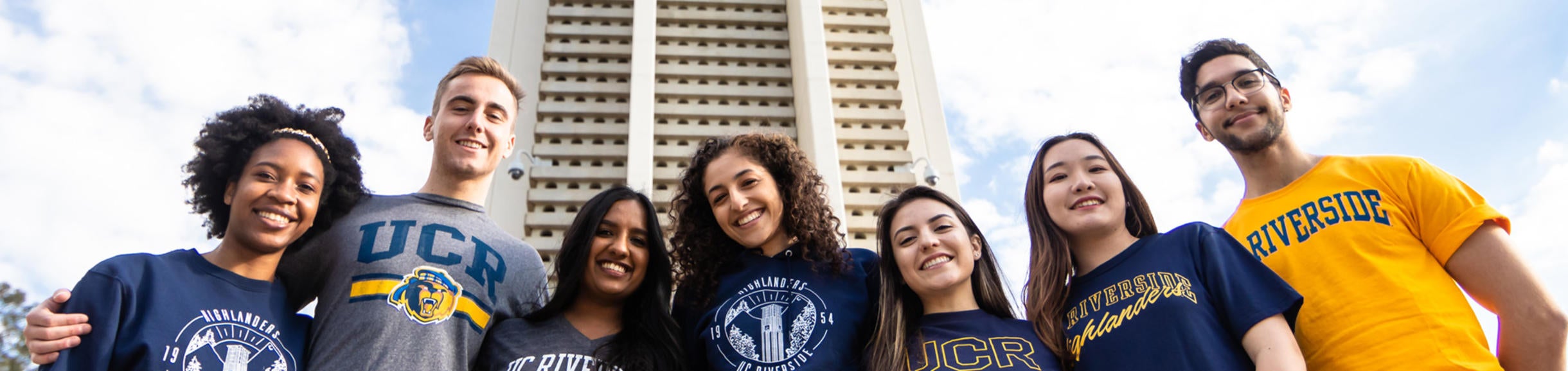 A group of UC Riverside students in front of the Bell Tower
