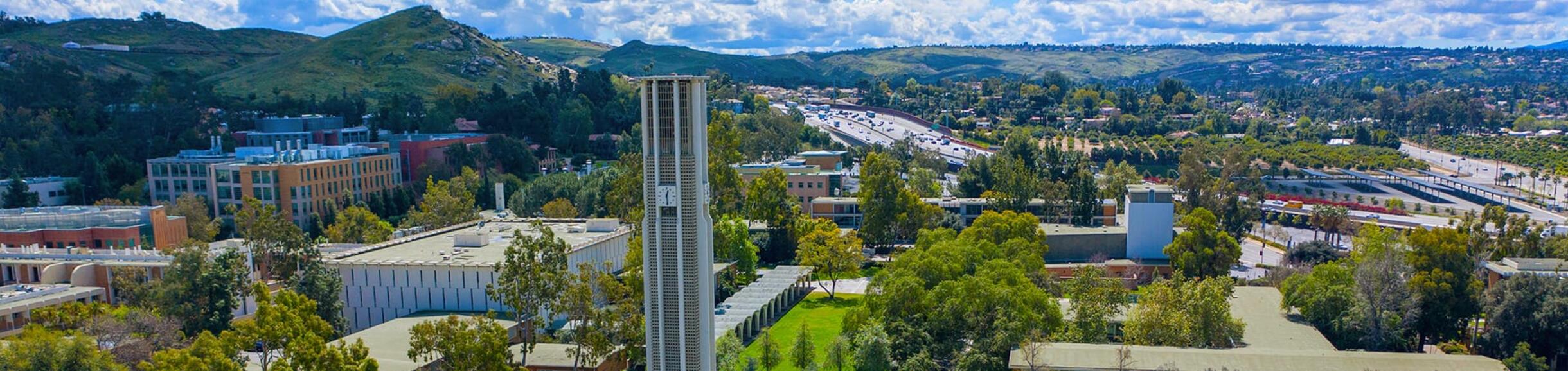 Aerial shot of UC Riverside Campus with the Bell Tower