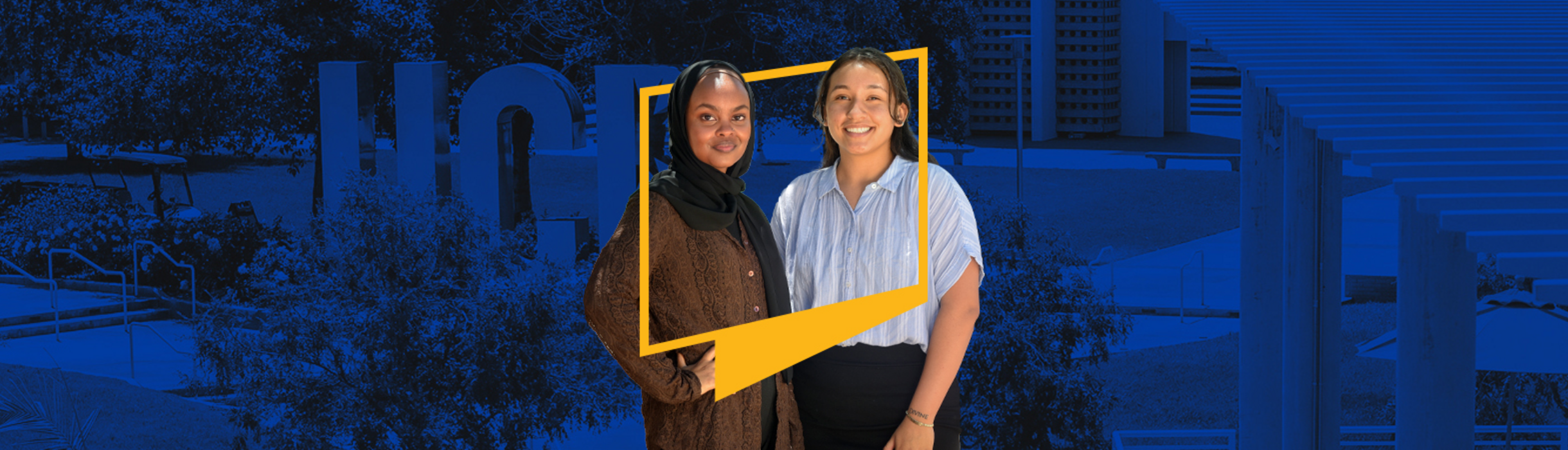 Two female students are framed by the gold UCR icon frame. The student on the left is wearing a black hijab and brown shirt. The student on the right wears a blue button-down shirt and black skirt. The blue-tinted background features the iconic UCR sculpture at the heart of the campus.