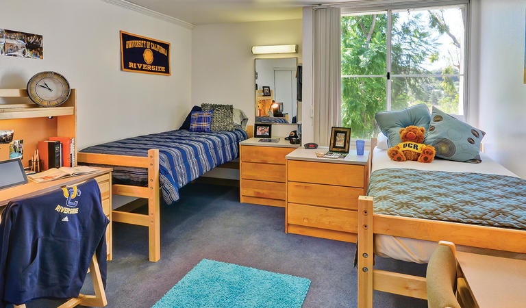 A decorated dorm room for two students at Enginuity.