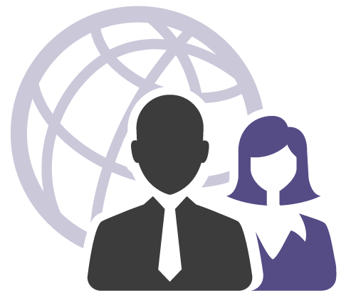 Two suited people in front of a globe
