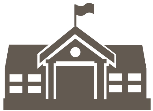 A stylized school house graphic