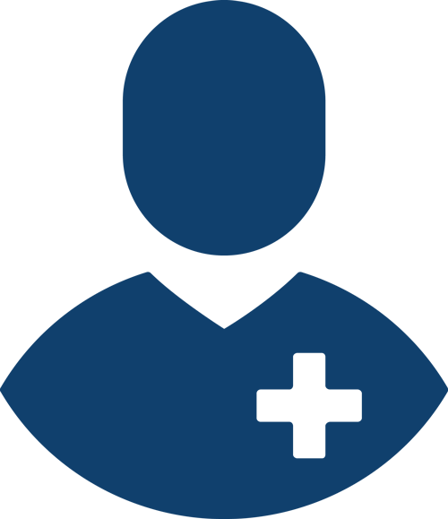 A stylized graphic of the head and shoulders of a person. There is a white cross on the person's left shoulder, suggesting a medical profession