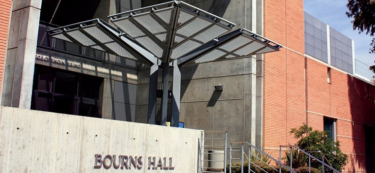 The entrance to the Marlan and Rosemary Bourns College of Engineering building