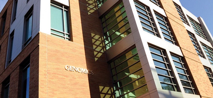 The side of the genomics building at the  College of Natural and Agricultural Sciences (CNAS)