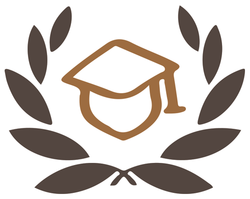 A stylized graphic of a head wearing a graduation cap. Surrounding that is a stylized graphic of a wreath of olive leaves.