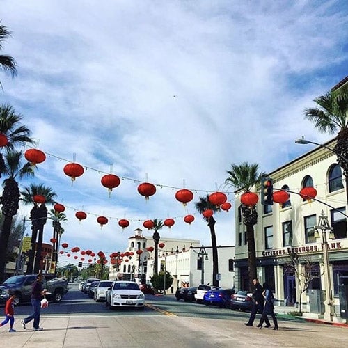 Lunar Festival celebration in Downtown Riverside with Chinese lanterns strewn across the lamp posts.