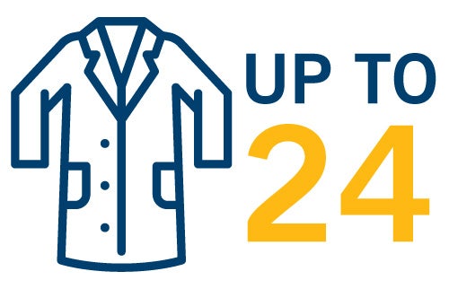 A stylized graphic of a lab coat with text reading Up to 24