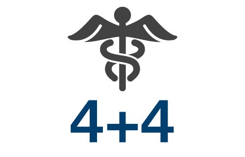 A stylized graphic of the Staff of Aesculapius with text reading 4+4
