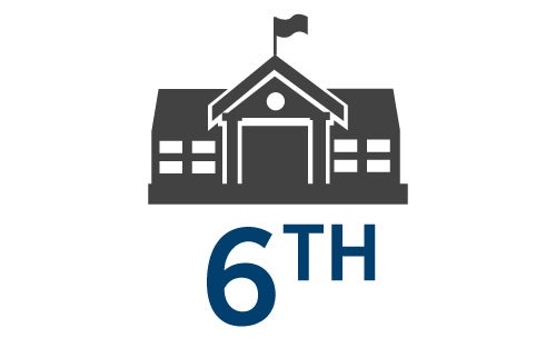A stylized graphic of a school with a U.S. flag on the flagpole