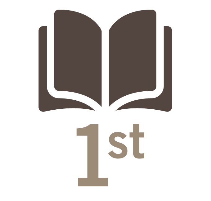 A stylized graphic of a book with 1st written beneath it.