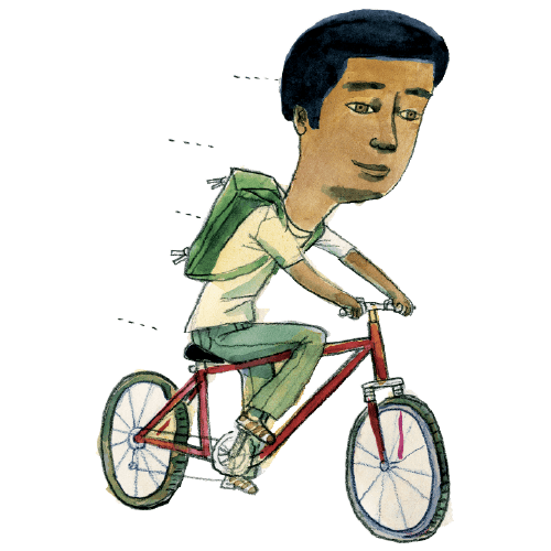 Stylized illustration of student riding a bike while wearing a backpack.