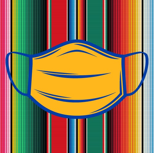Stylized illustration of a UCR blue and gold face mask against a striped, multi-colored background.