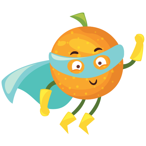An illustrated orange is depicted as a super hero with a blue cape and mask. 