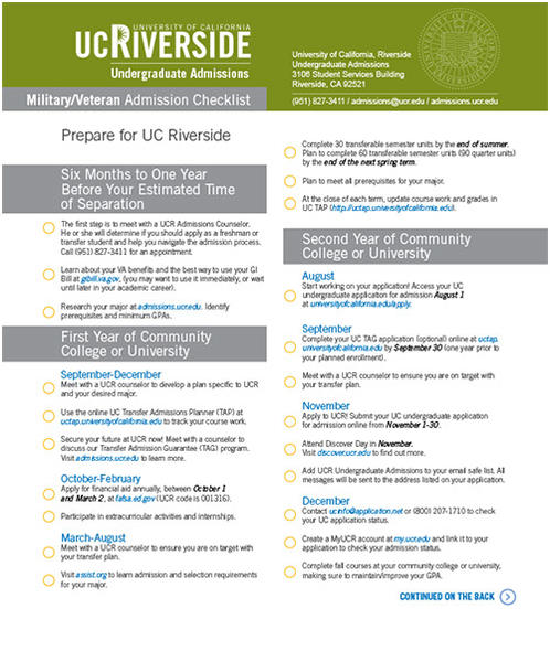 Ucr Military Veteran Admission Checklist Undergraduate Admissions